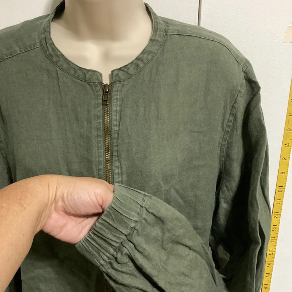 CYNTHIA ROWLEY LINEN Army Green Khaki Bomber Jacket Full Zip Long Sleeves Large